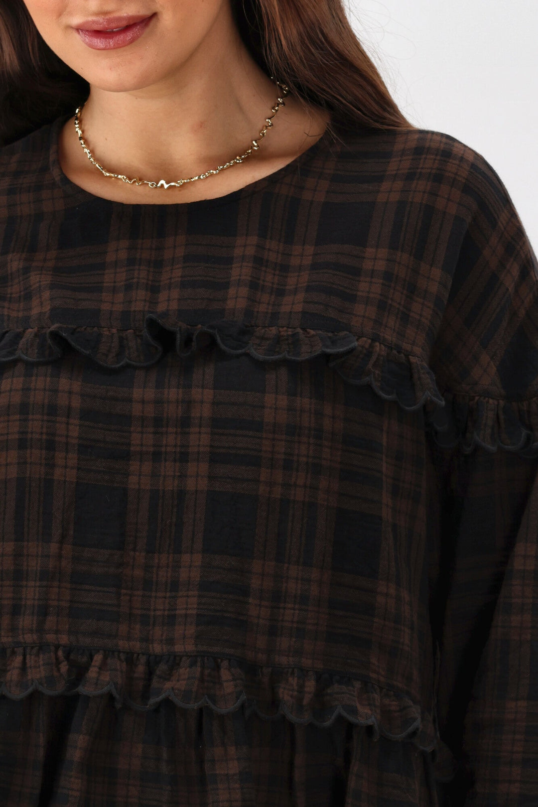 Label Teydey Ruffle Top Chocolate Check