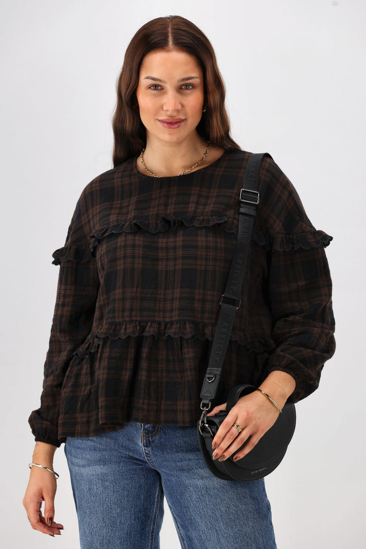 Label Teydey Ruffle Top Chocolate Check