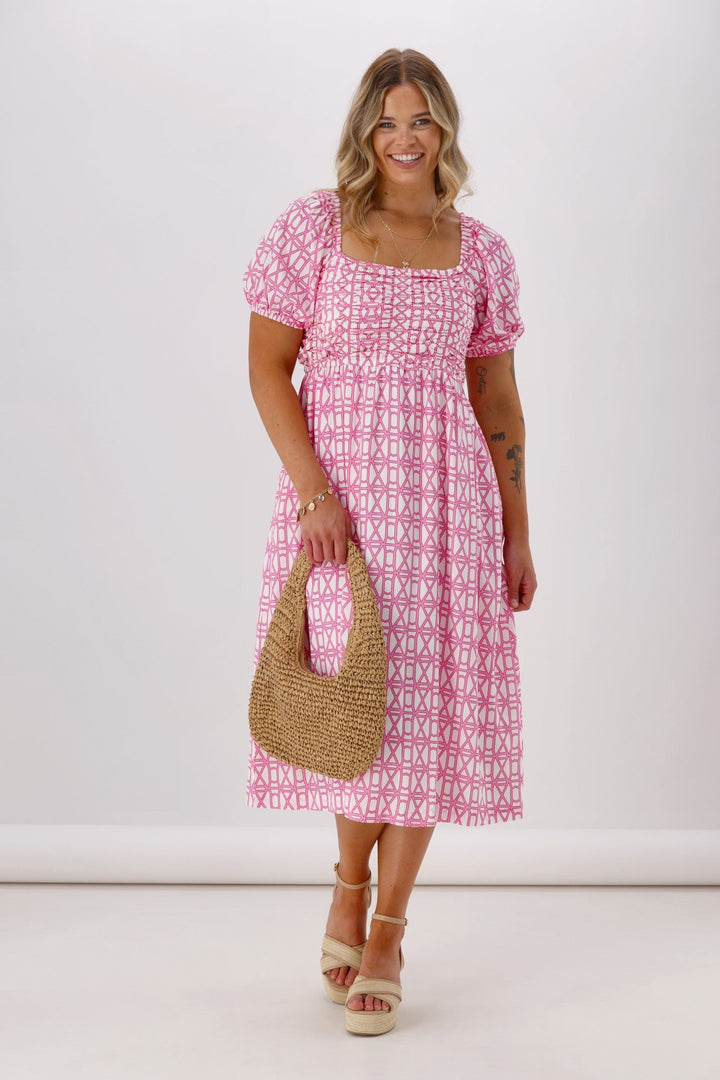 Label Yumi Dress Pink White Geo