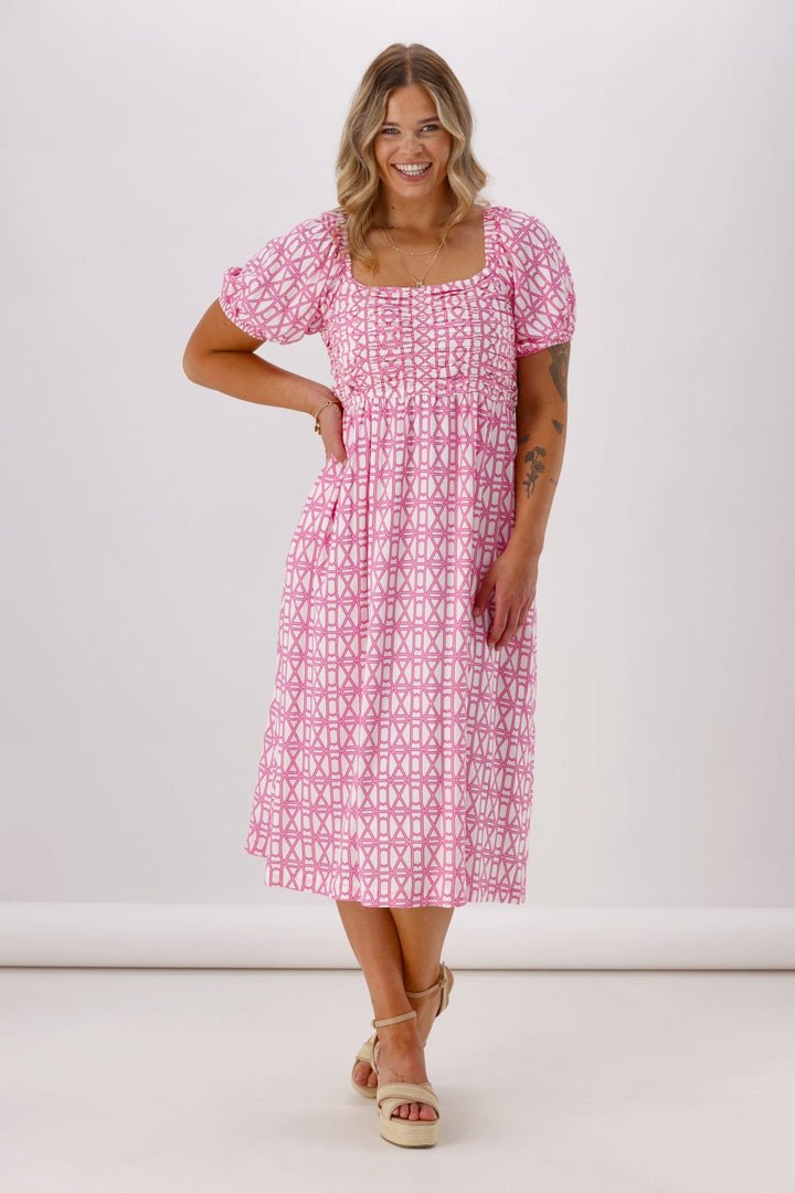 Label Yumi Dress Pink White Geo
