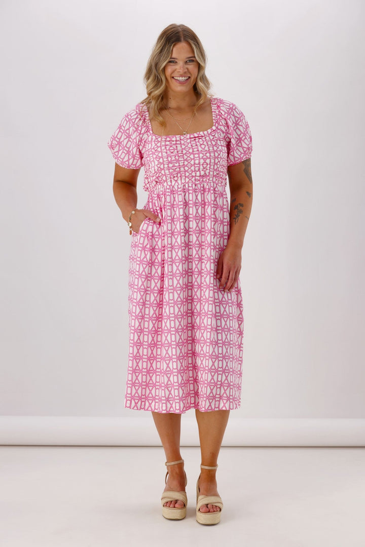 Label Yumi Dress Pink White Geo