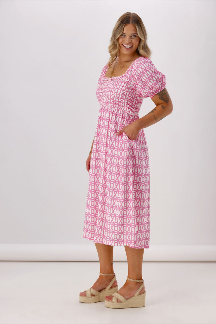Label Yumi Dress Pink White Geo