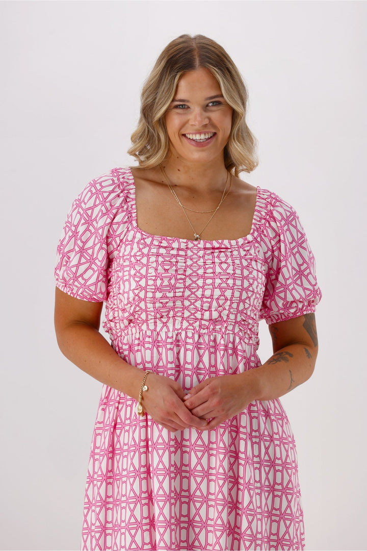 Label Yumi Dress Pink White Geo