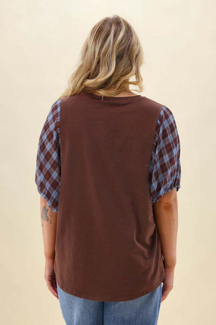 Label Selma Top Chocolate with Check Sleeve