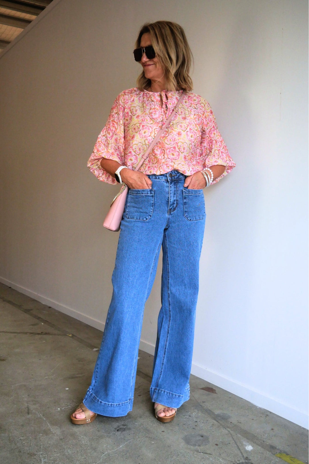 Label Kazniah Patch Pocket Wide Leg Jean Washed Blue