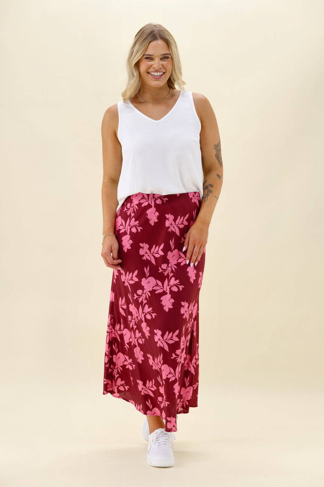 Label Venetia Bias Skirt Wine Pink Floral