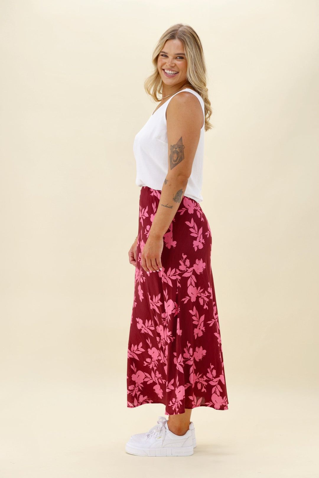 Label Venetia Bias Skirt Wine Pink Floral