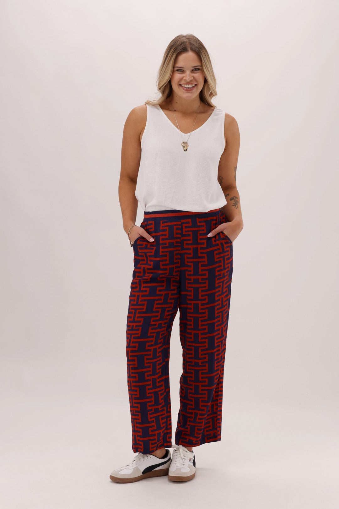 Gloss The Label Solstice Pant Navy Rust Geo Print