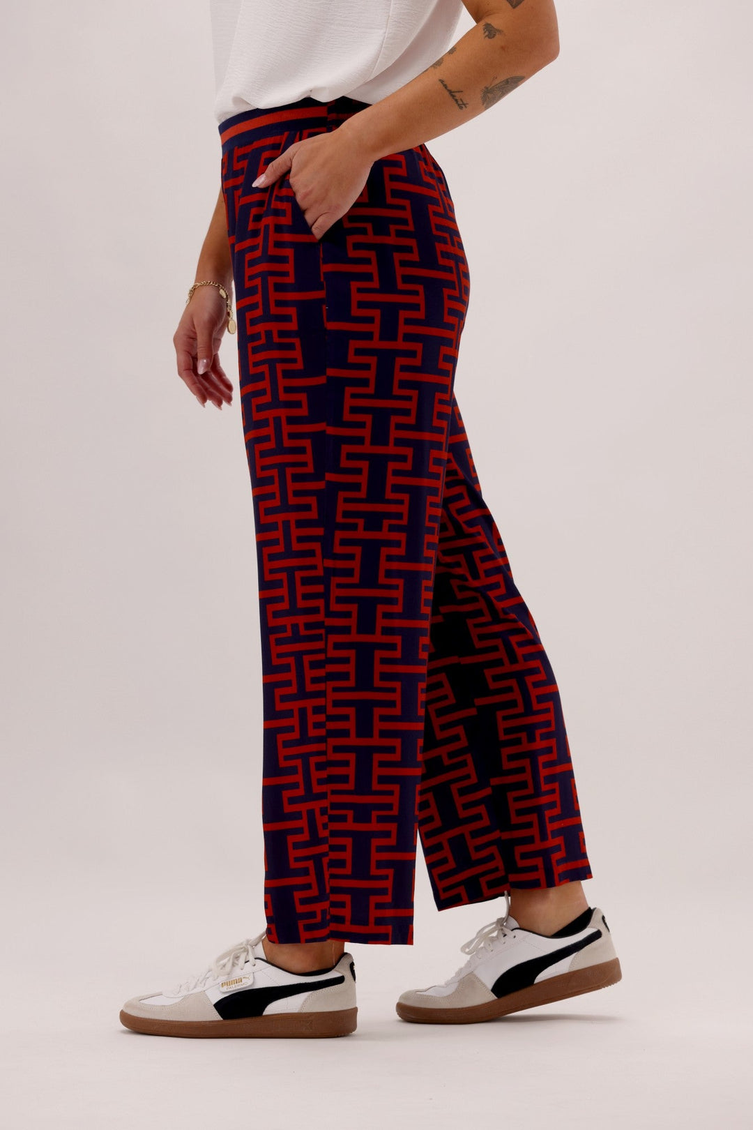 Gloss The Label Solstice Pant Navy Rust Geo Print