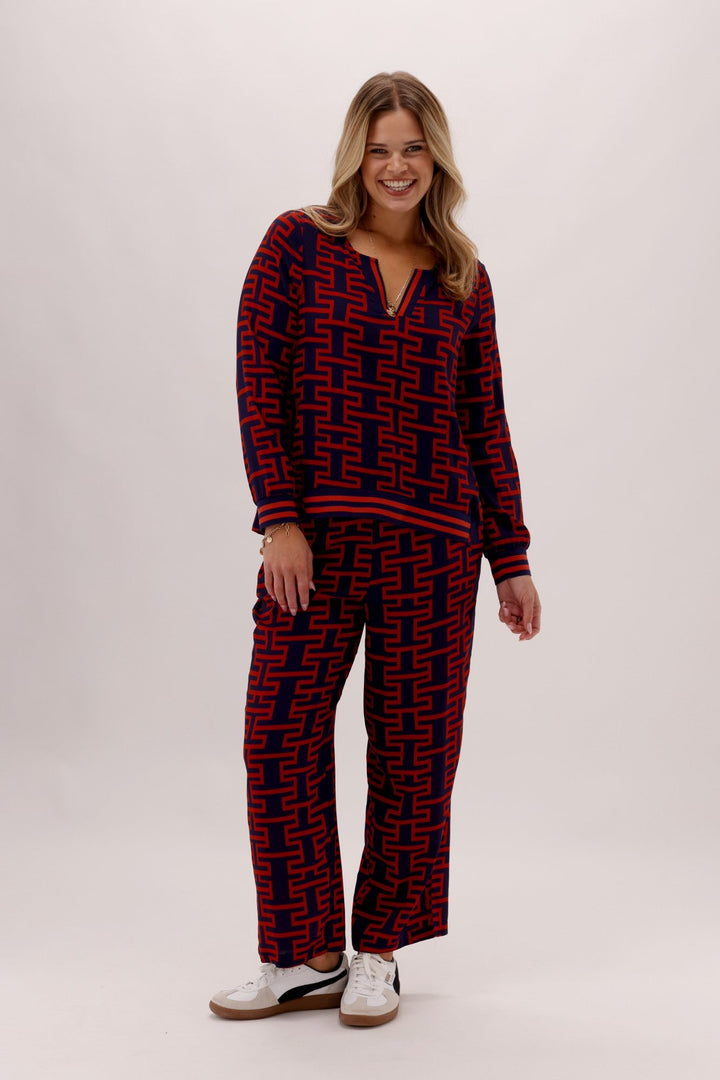 Gloss The Label Solstice Pant Navy Rust Geo Print