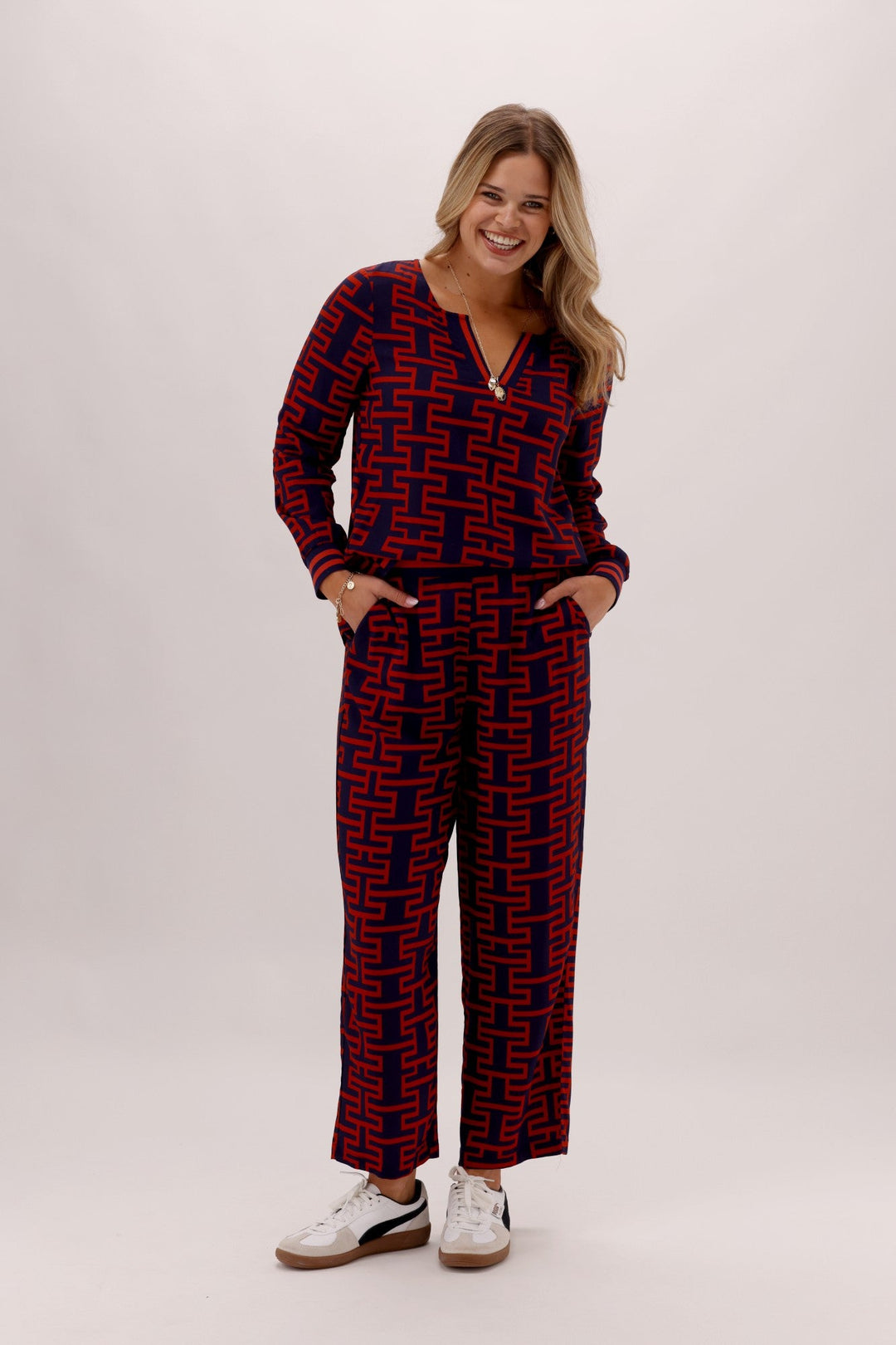 Gloss The Label Solstice Pant Navy Rust Geo Print