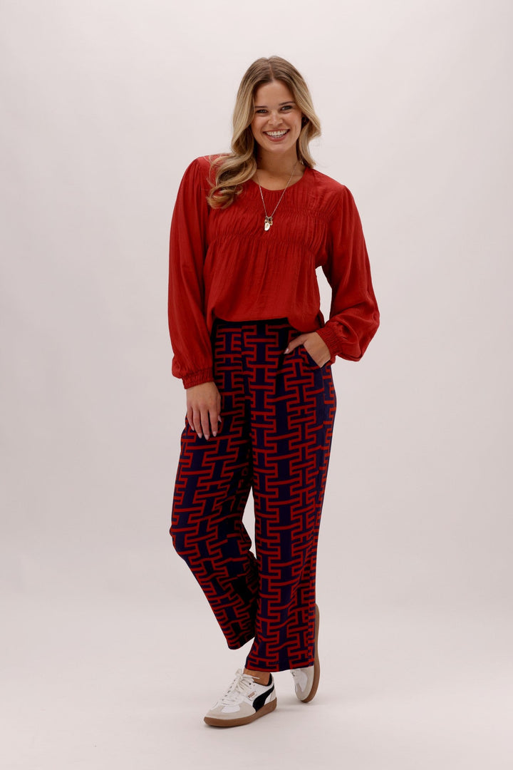 Gloss The Label Solstice Pant Navy Rust Geo Print