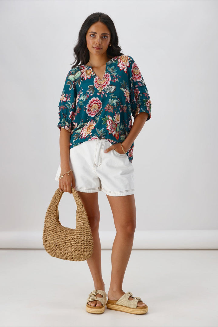 Sunday Boho Asia Puff Sleeve Top Teal Floral