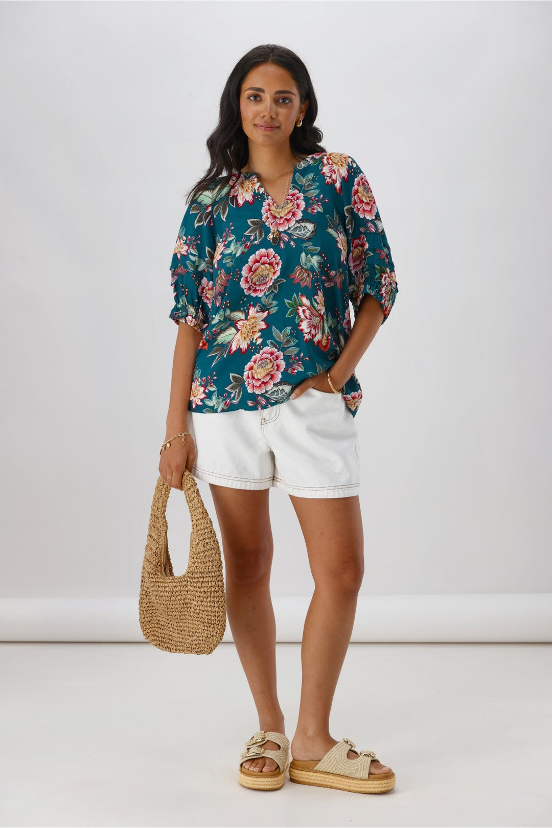 Sunday Boho Asia Puff Sleeve Top Teal Floral