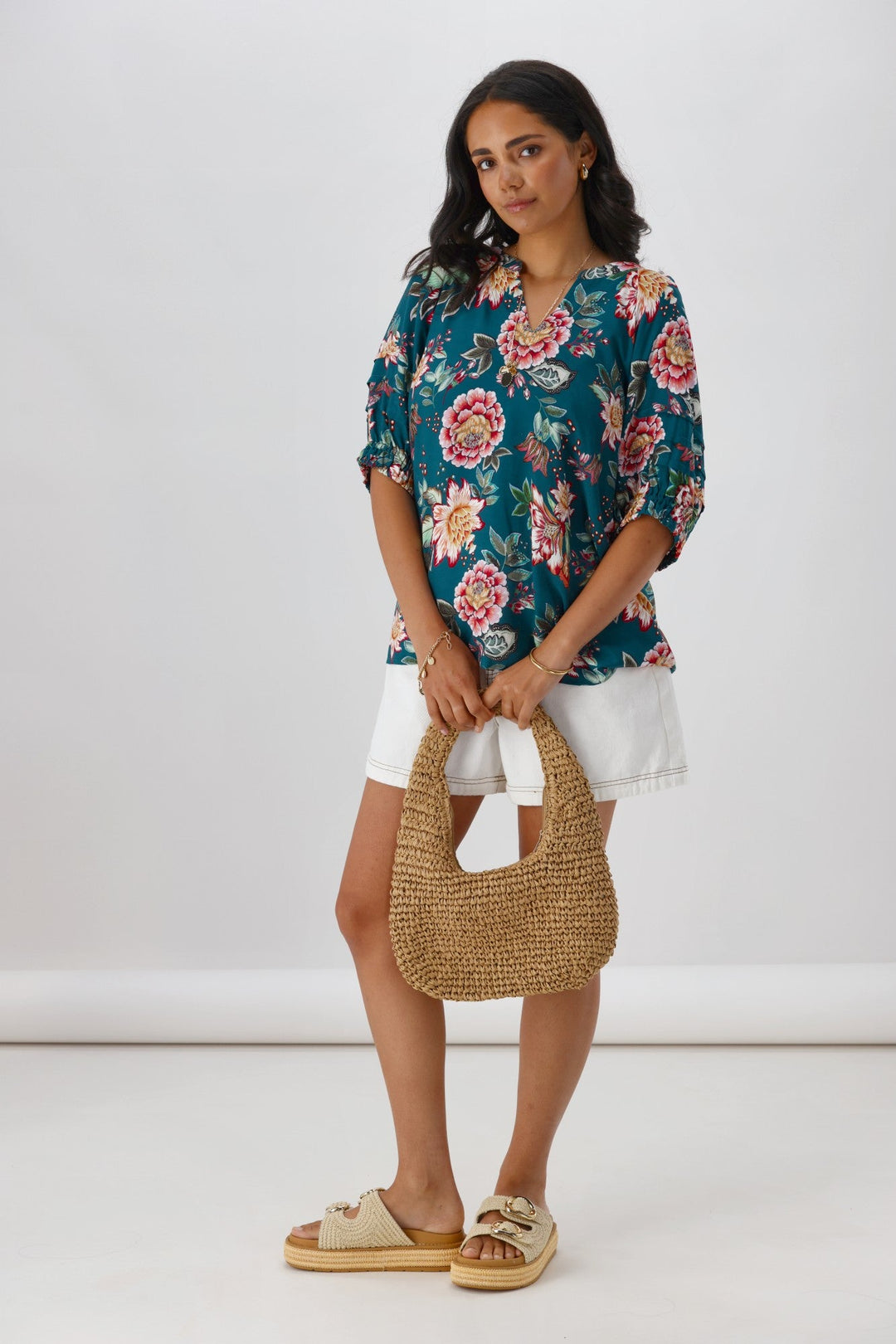 Sunday Boho Asia Puff Sleeve Top Teal Floral