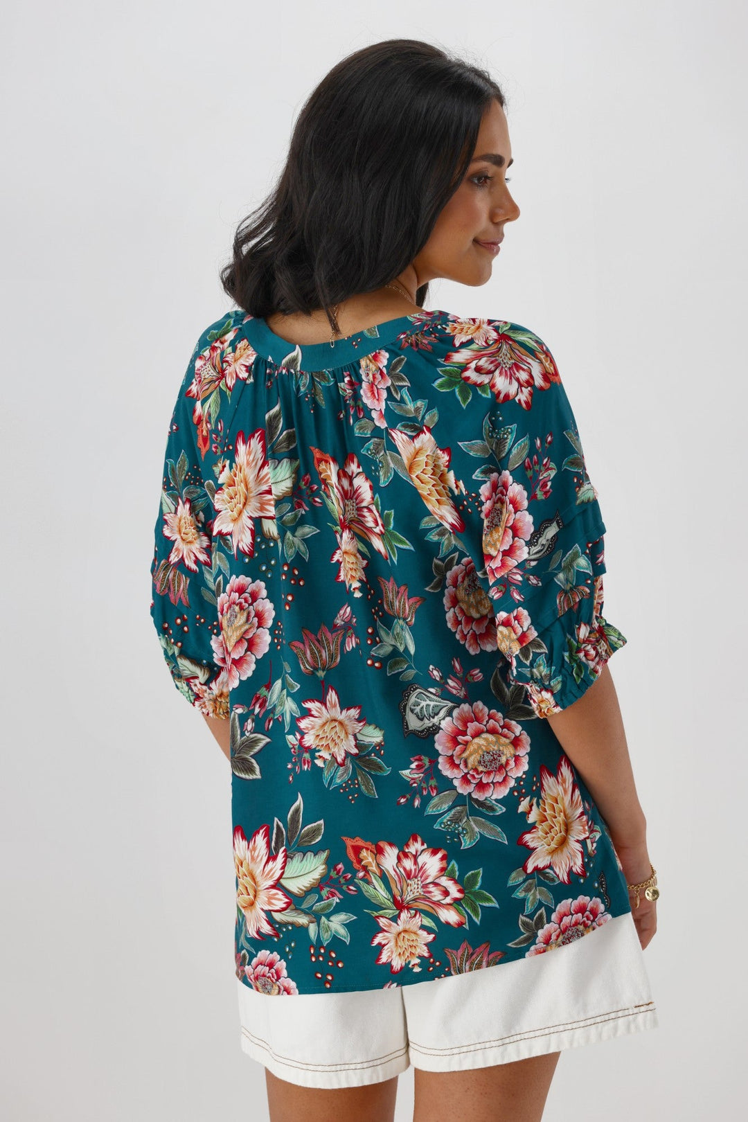 Sunday Boho Asia Puff Sleeve Top Teal Floral
