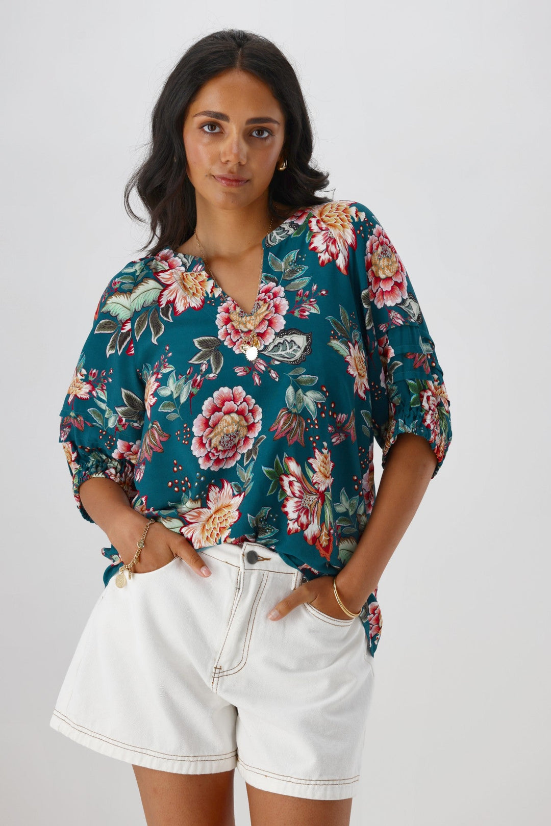 Sunday Boho Asia Puff Sleeve Top Teal Floral