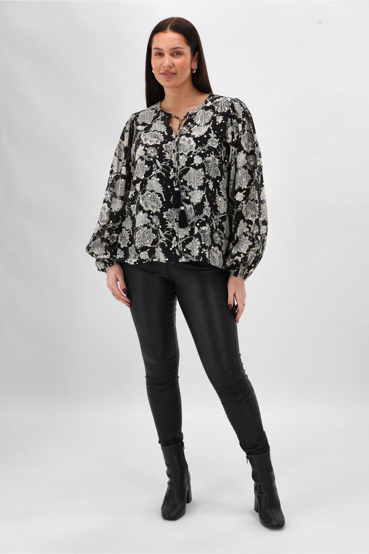 Sunday Boho Audrey Peasant Sleeve Blouse Print Black