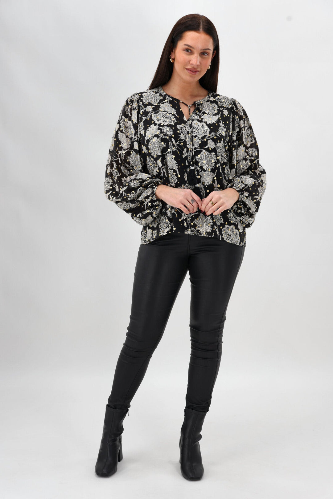 Sunday Boho Audrey Peasant Sleeve Blouse Print Black
