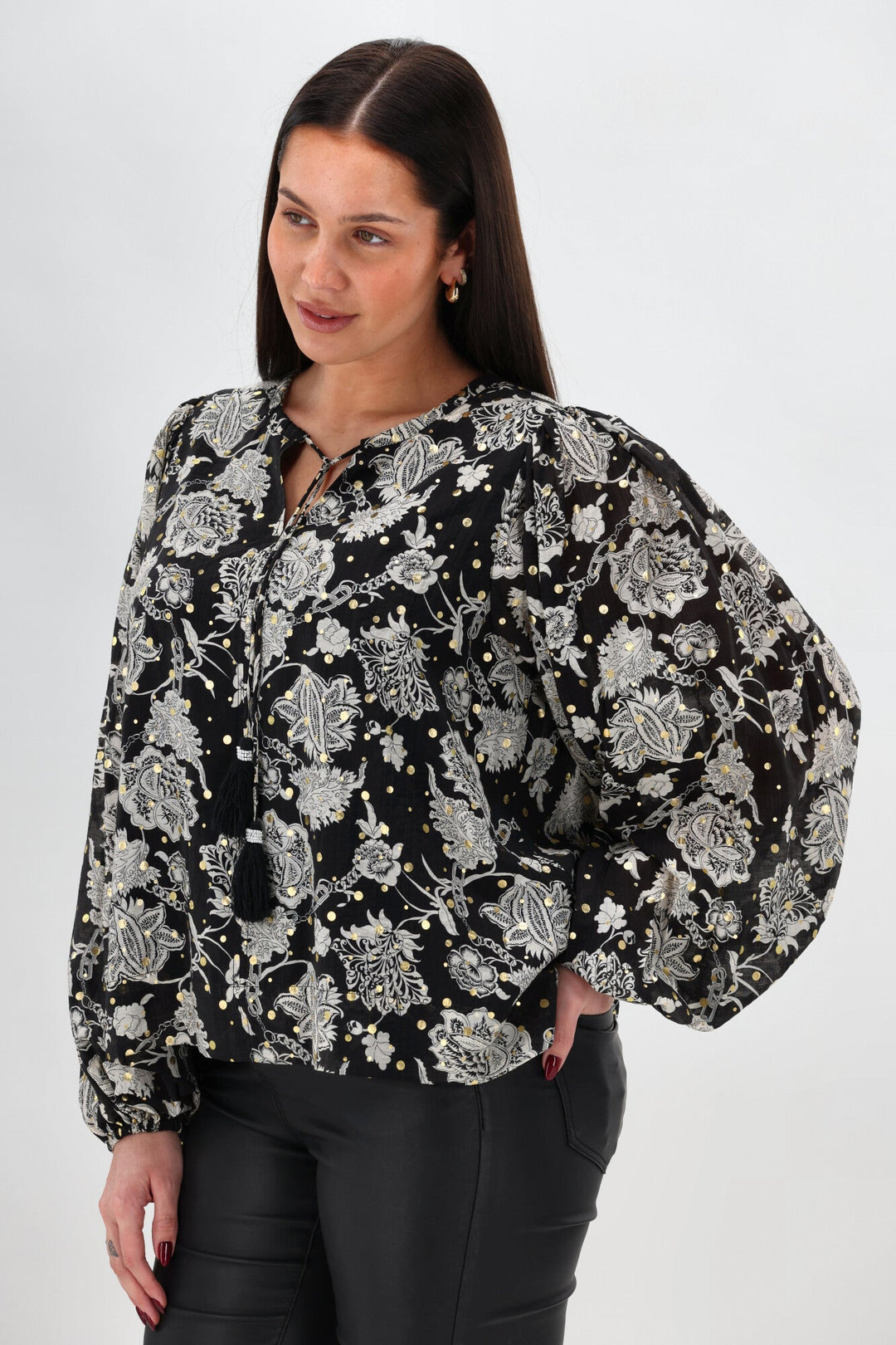 Sunday Boho Audrey Peasant Sleeve Blouse Print Black