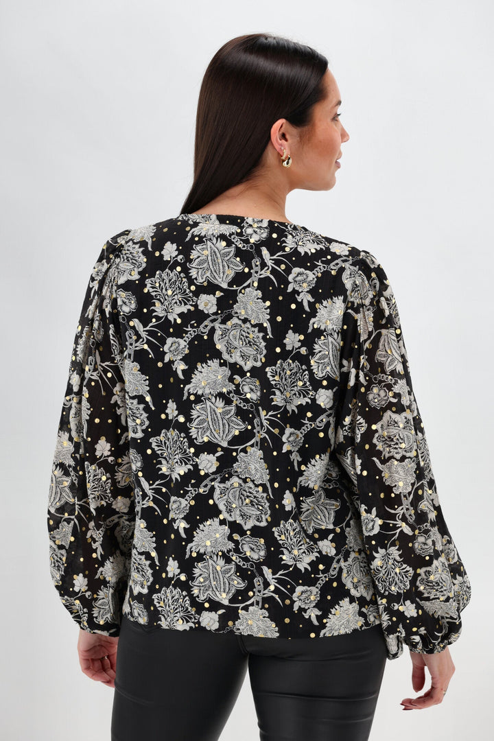 Sunday Boho Audrey Peasant Sleeve Blouse Print Black