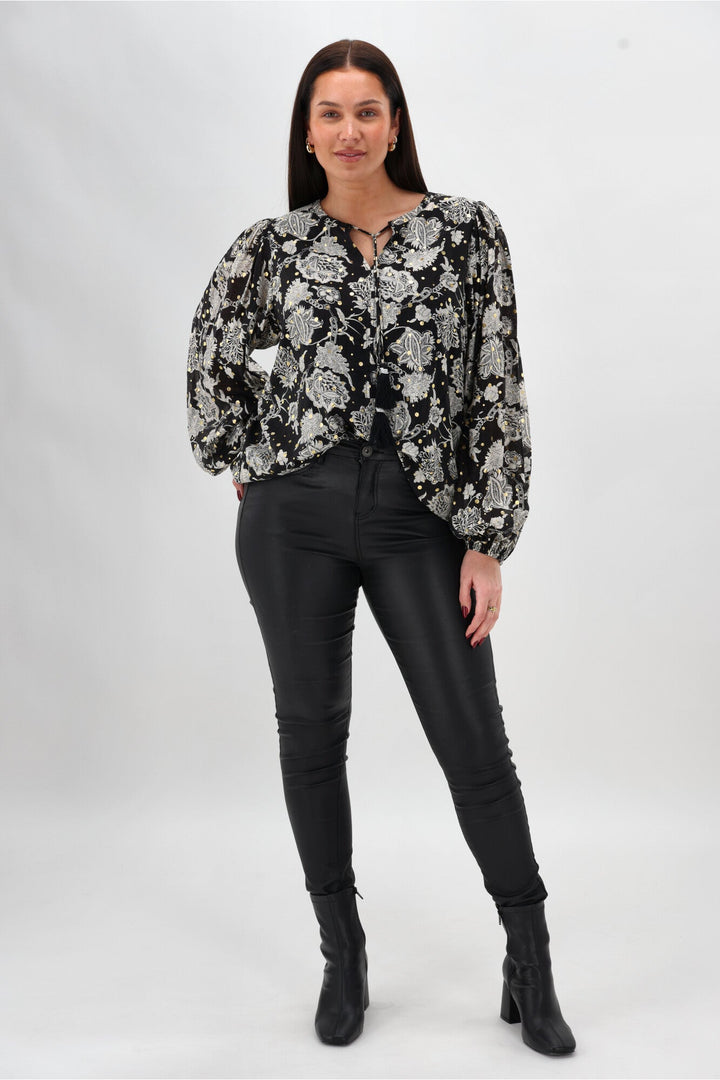 Sunday Boho Audrey Peasant Sleeve Blouse Print Black
