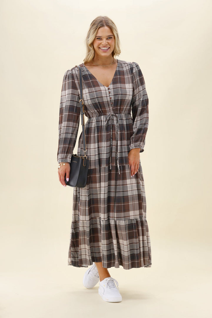 Sunday Boho Beckett Midi Dress Chocolate Check