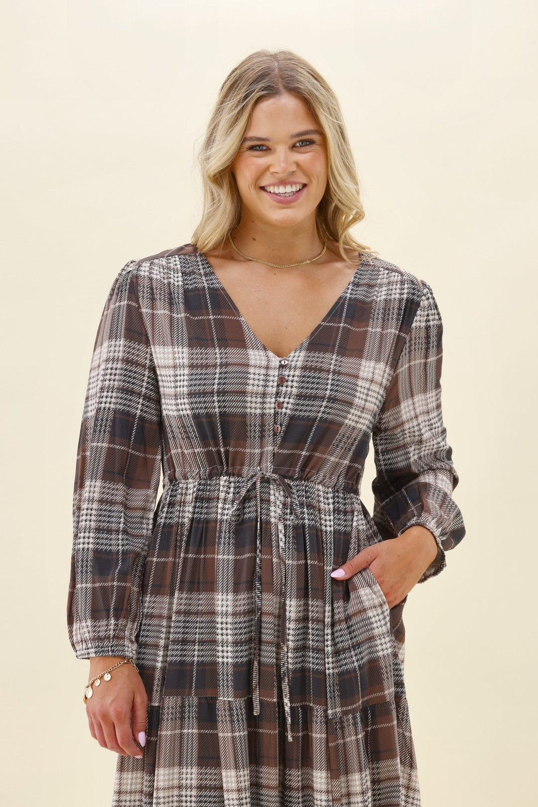 Sunday Boho Beckett Midi Dress Chocolate Check