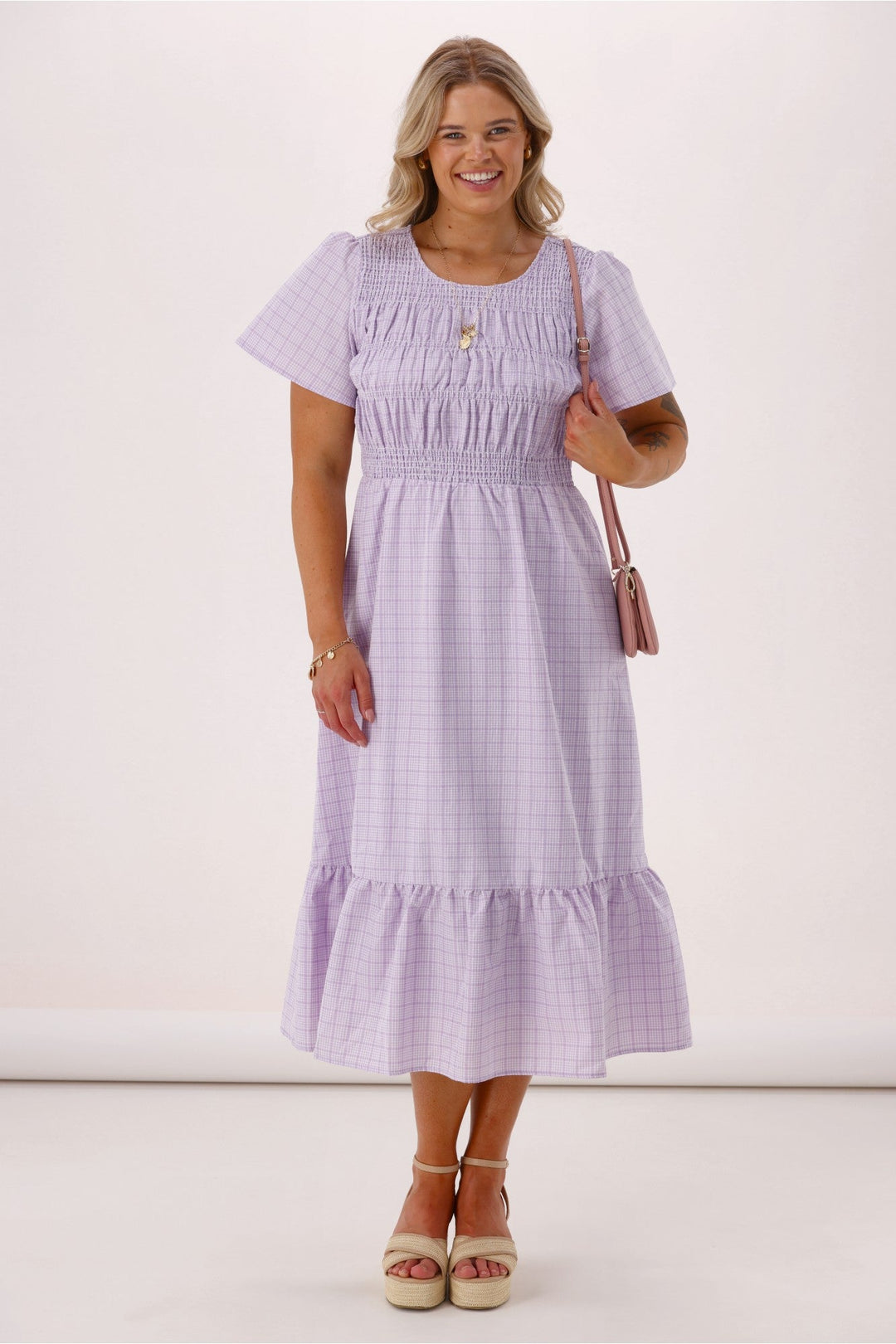 Sunday Boho Erica Puff sleeve Dress Lilac Gingham
