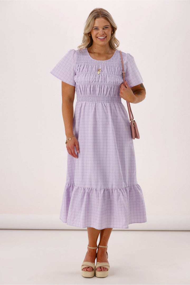 Sunday Boho Erica Puff sleeve Dress Lilac Gingham