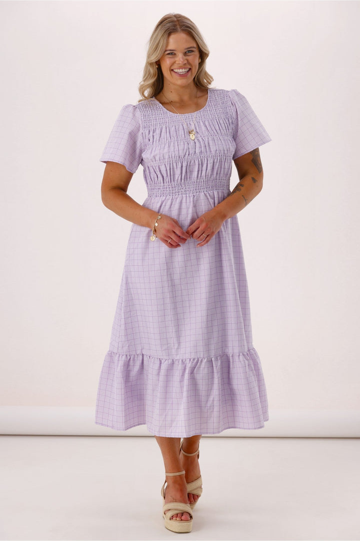 Sunday Boho Erica Puff sleeve Dress Lilac Gingham