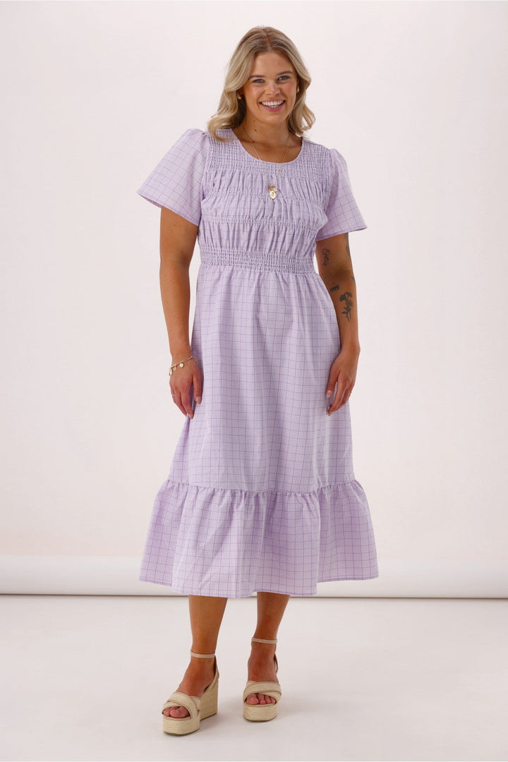 Sunday Boho Erica Puff sleeve Dress Lilac Gingham