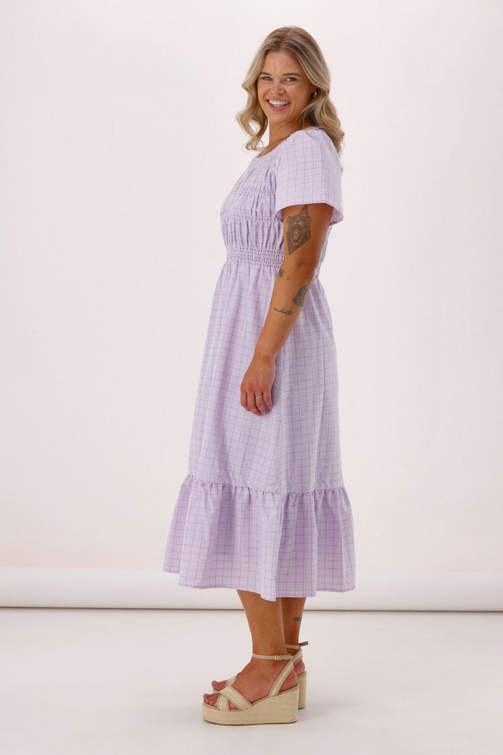 Sunday Boho Erica Puff sleeve Dress Lilac Gingham