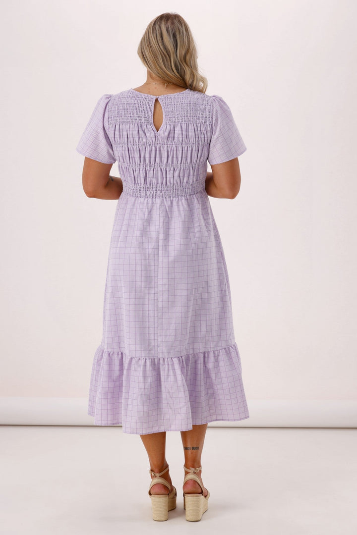 Sunday Boho Erica Puff sleeve Dress Lilac Gingham