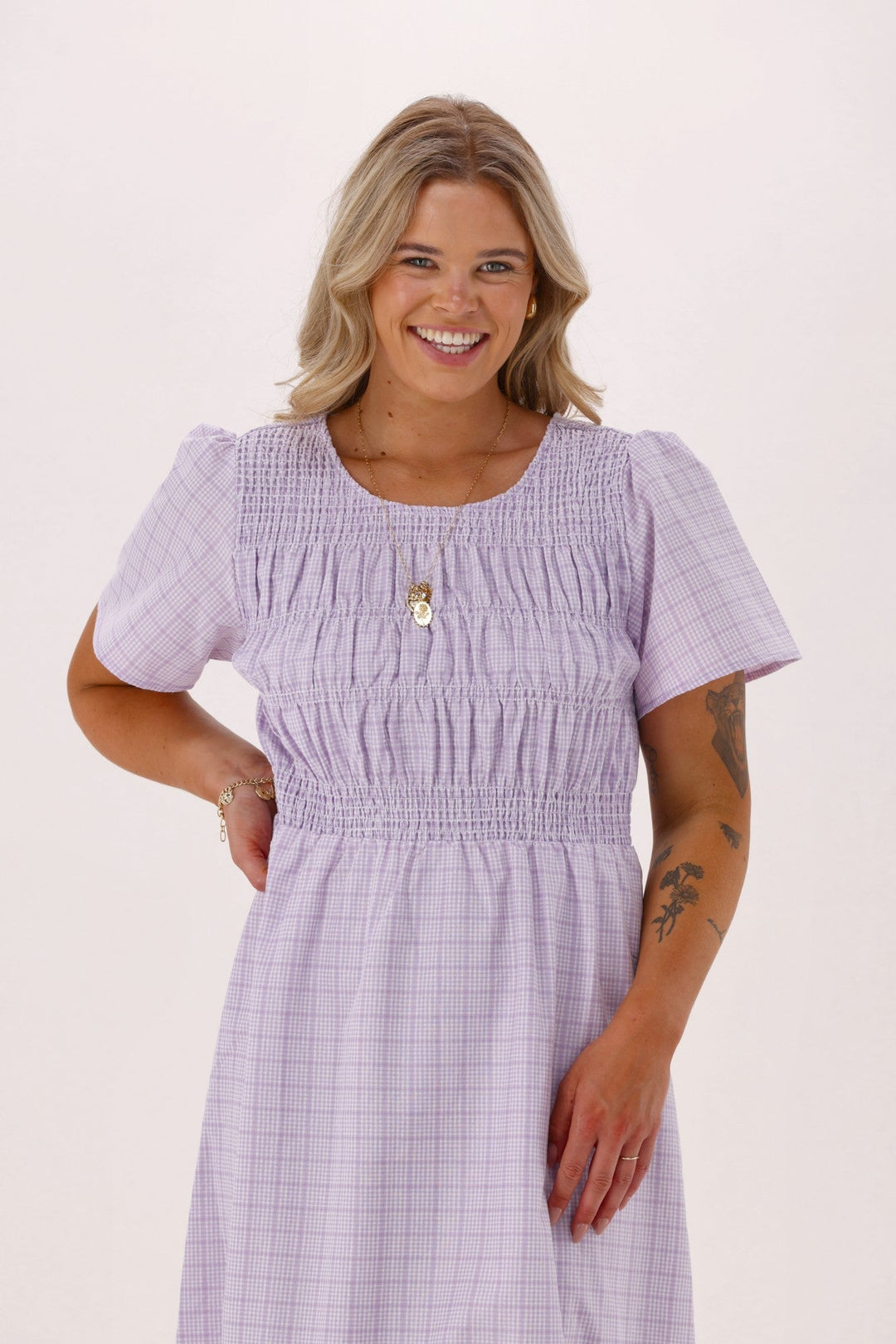 Sunday Boho Erica Puff sleeve Dress Lilac Gingham