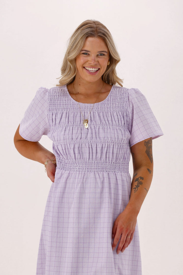Sunday Boho Erica Puff sleeve Dress Lilac Gingham