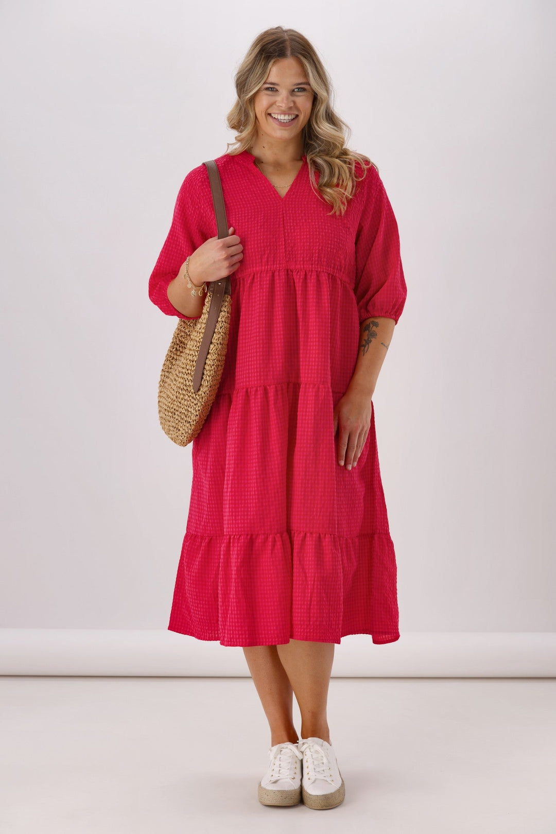 Sunday Boho Honor 3/4 Sleeve Midi Dress Gingham