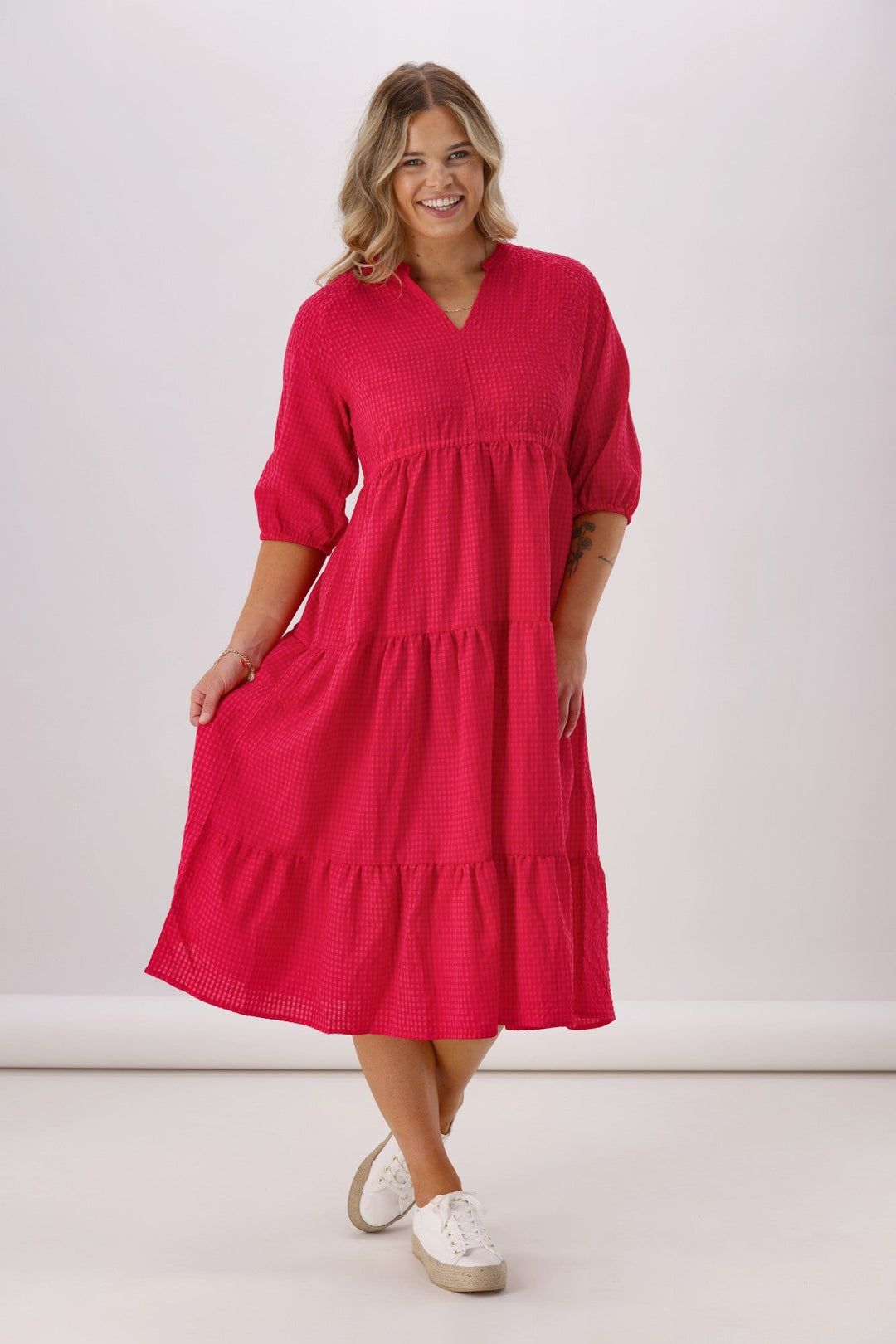 Sunday Boho Honor 3/4 Sleeve Midi Dress Gingham