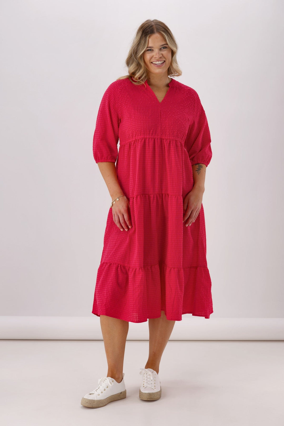 Sunday Boho Honor 3/4 Sleeve Midi Dress Gingham