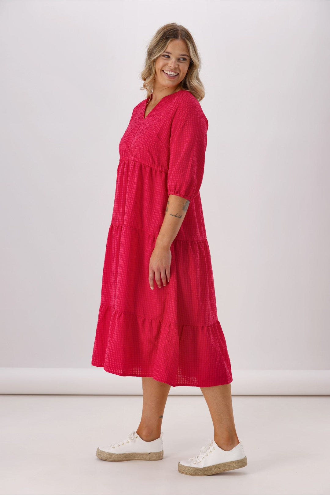 Sunday Boho Honor 3/4 Sleeve Midi Dress Gingham