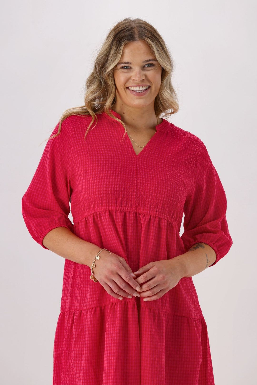 Sunday Boho Honor 3/4 Sleeve Midi Dress Gingham