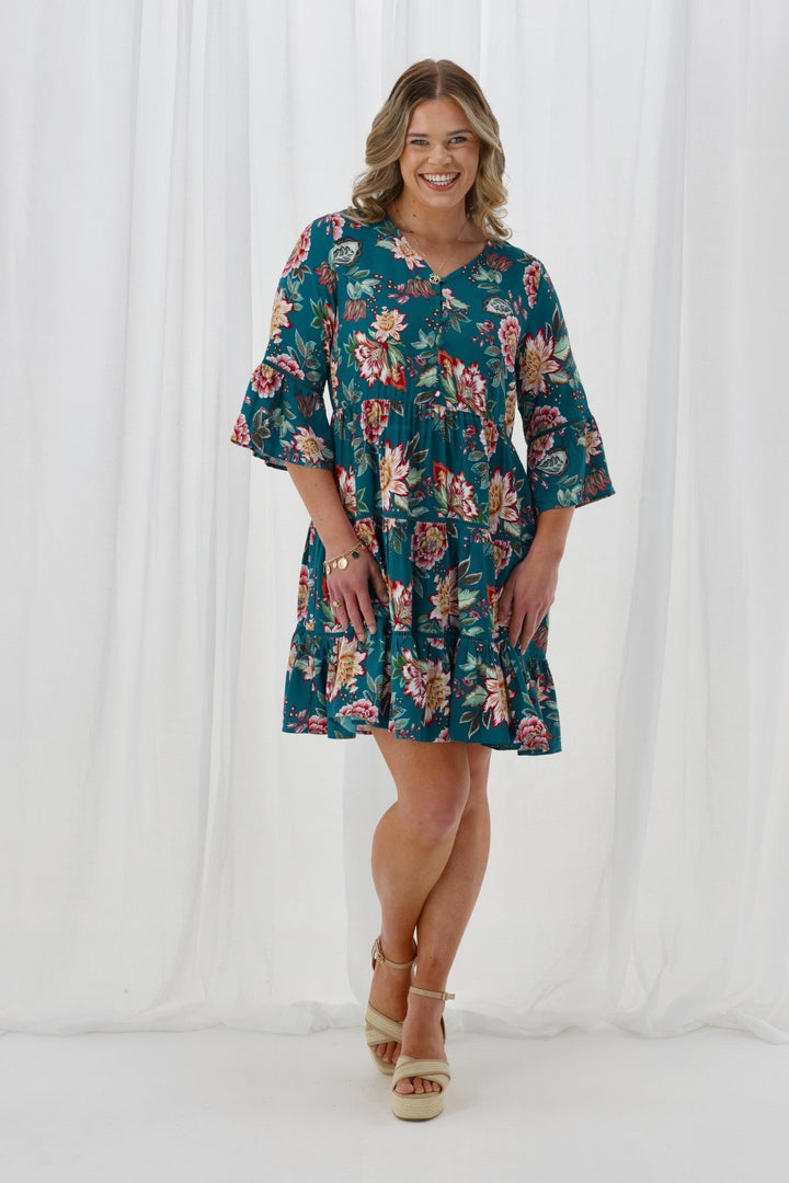 Sunday Boho Indie Tier Dress Teal Floral