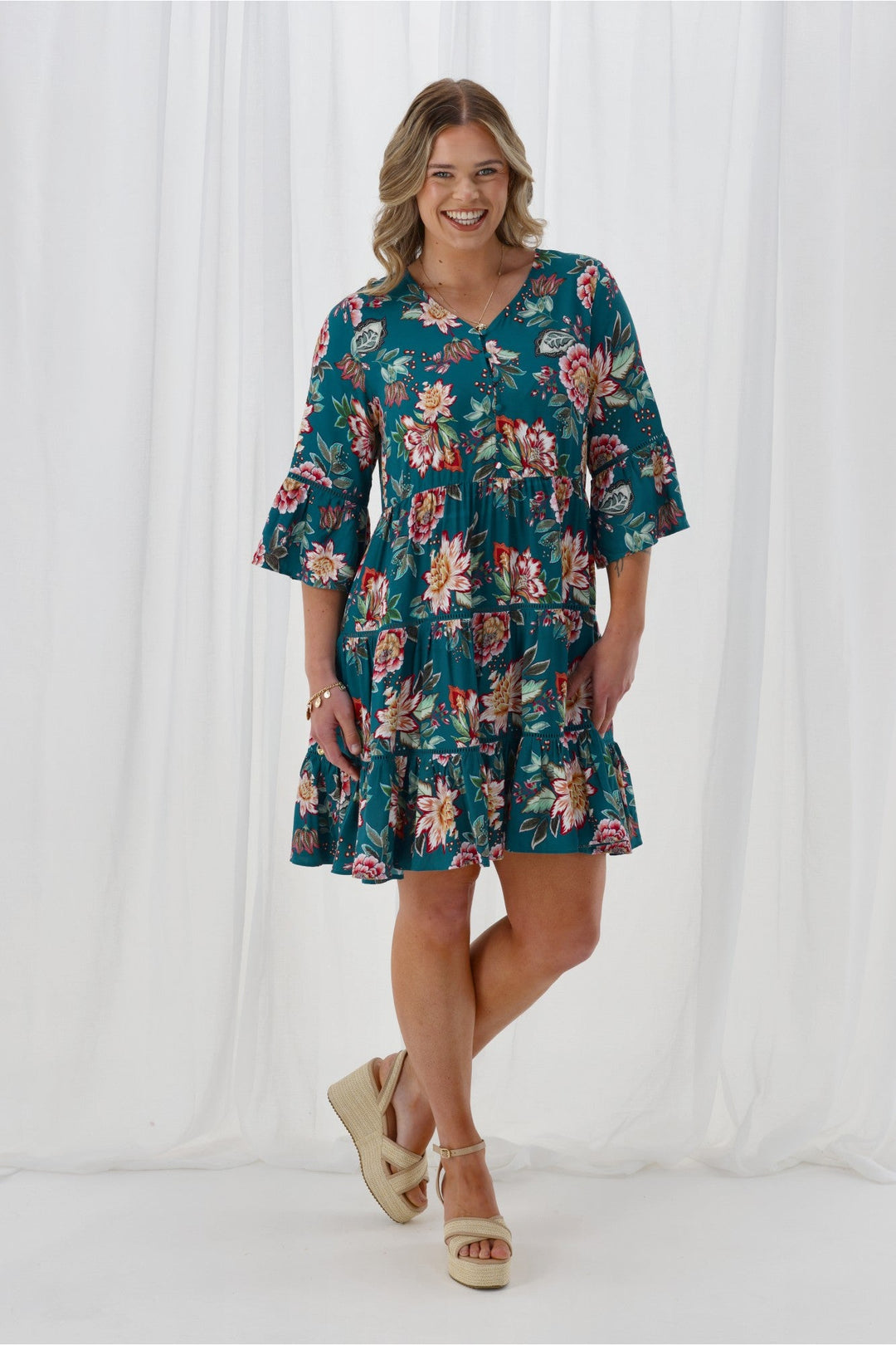 Sunday Boho Indie Tier Dress Teal Floral