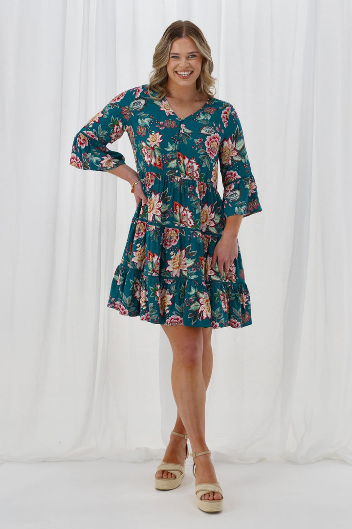 Sunday Boho Indie Tier Dress Teal Floral
