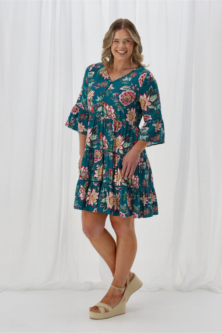 Sunday Boho Indie Tier Dress Teal Floral