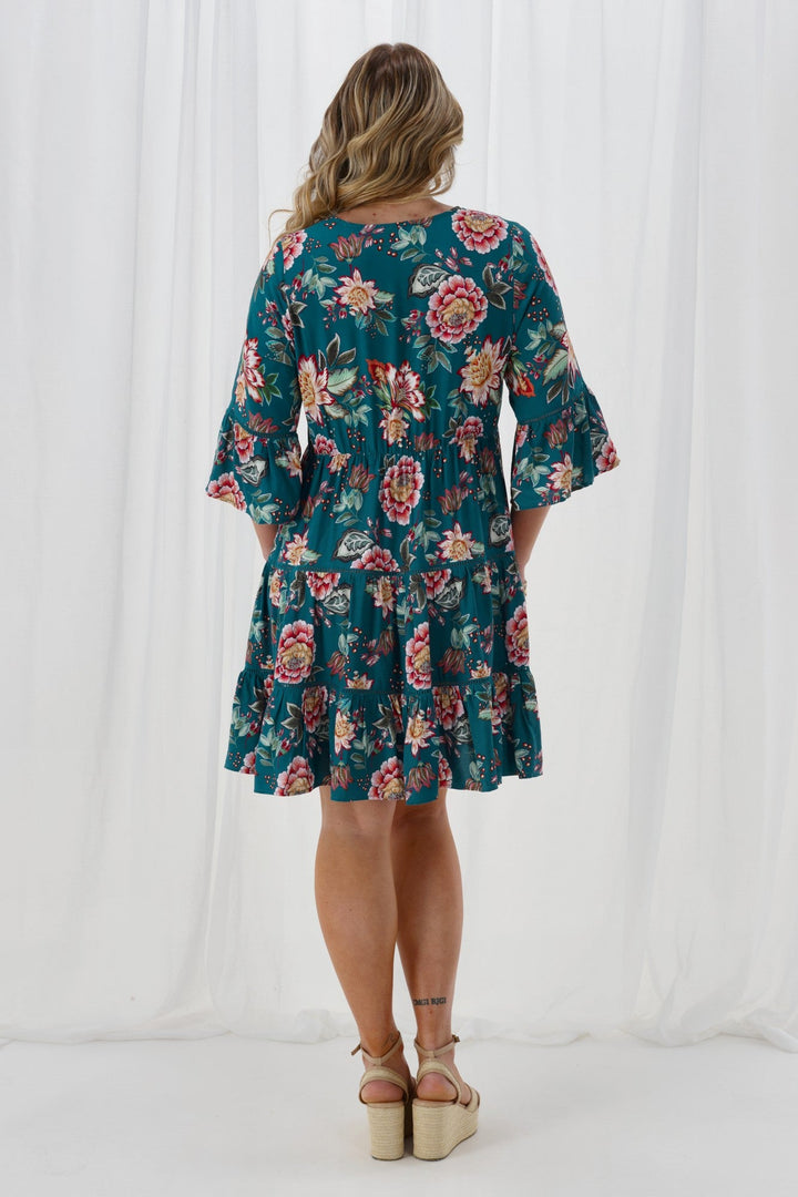 Sunday Boho Indie Tier Dress Teal Floral
