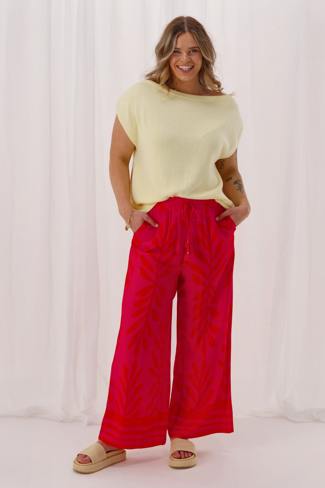 Sunday Boho Jamie Border Print Pant Fuchsia Lipstick
