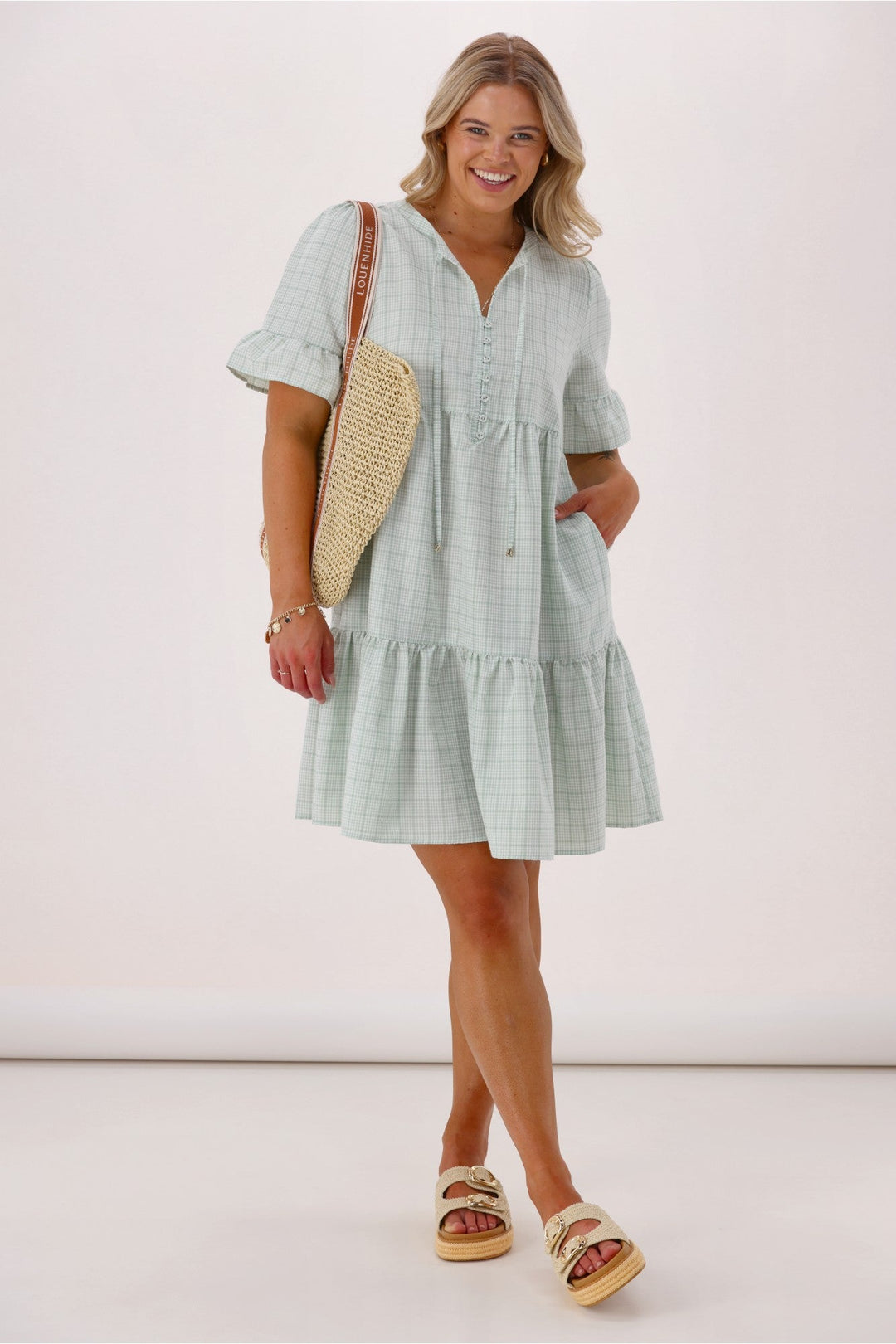 Sunday Boho Joanie Ruffle Cuff Sleeve Dress Sage Gingham