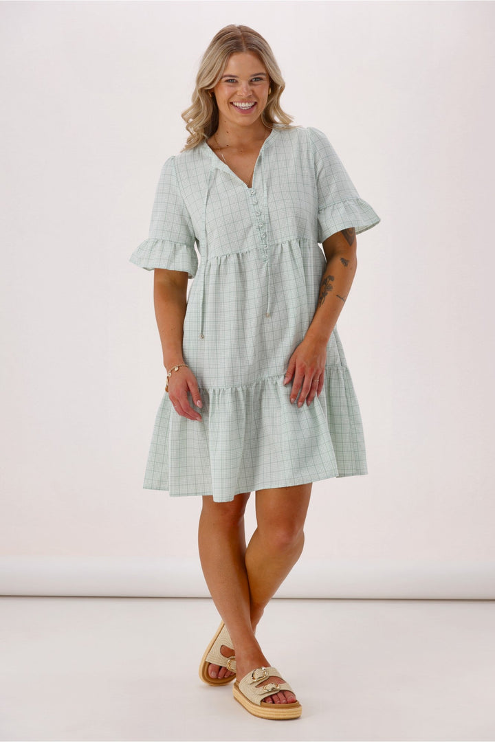 Sunday Boho Joanie Ruffle Cuff Sleeve Dress Sage Gingham