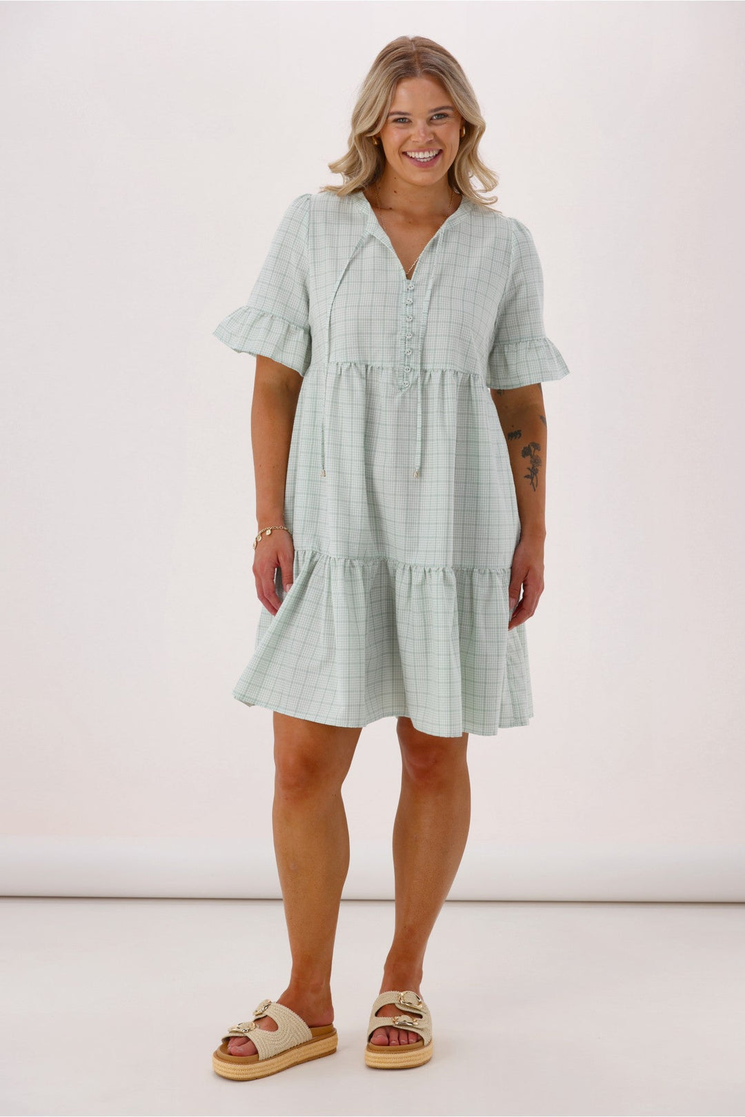 Sunday Boho Joanie Ruffle Cuff Sleeve Dress Sage Gingham